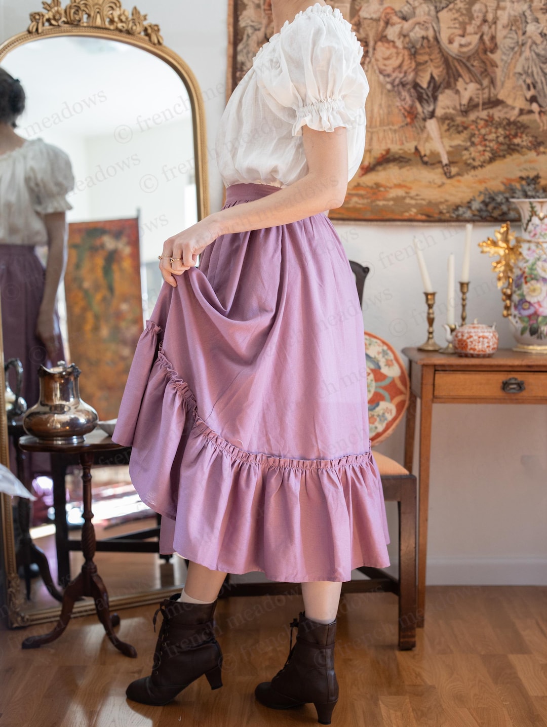 Mauve Linen Midi Skirt: Ruffle Hem, Cottagecore Renaissance