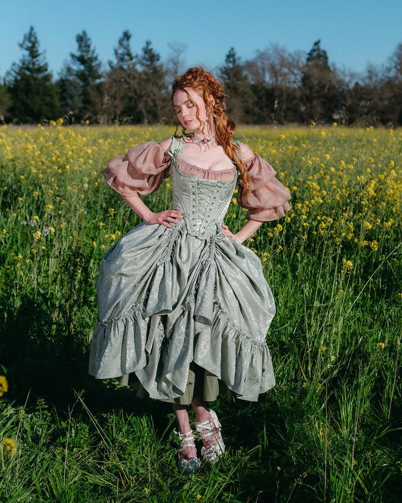 Corsé de satén floral verde menta del siglo XVIII: corpiño de corsé rococó imagen 2