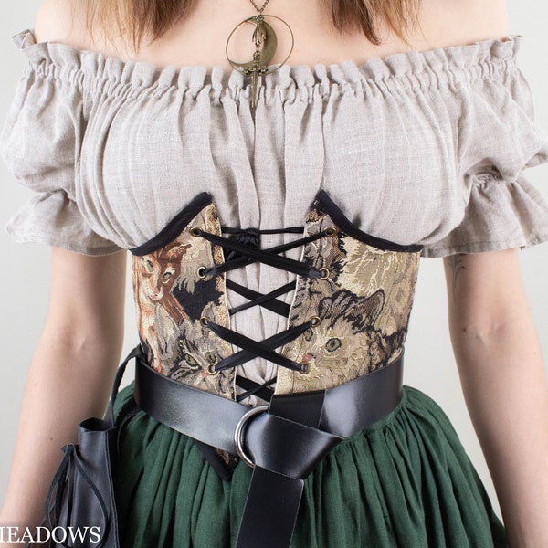 Cat Corset Belt Renaissance Belt in Brown Black Tapestry | Underbust Corset Waist Cincher Lace Up Belt Vintage Belt Cottage Core Goblin Core