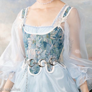 Size XS Handmade Floral Renaissance Corset | 18th Century Stays in Light Blue Tapestry Renaissance Bodice CottageCore Fairy Princess Rococo