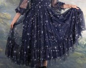 Celestial Tulle Milkmaid Dress | Dark Navy Blue Tulle with Embroidered Moons and Stars