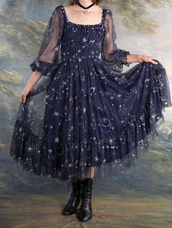 Celestial Tulle Milkmaid Dress | Dark Navy Blue Tulle with Embroidered Moons and Stars