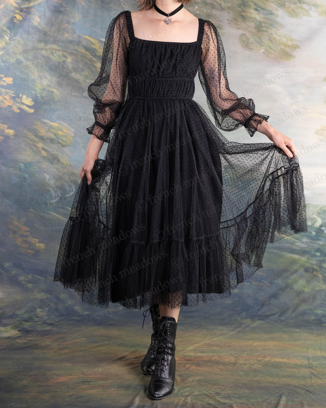 blue dress for baby girl Black Ruffled Tulle Midi Dress Black / 8 main image 1