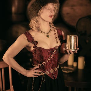 Dark Red Floral Jacquard Corset: Renaissance Bodice - Removable Straps