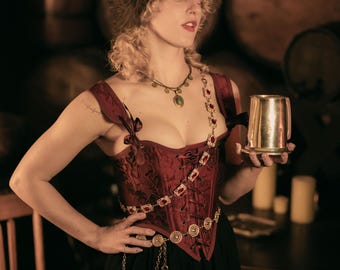 Dark Red Floral Jacquard Corset | Renaissance Bodice Stays Vintage Strapless Costume CottageCore Witch Vampire Goth Front Lacing Bustier