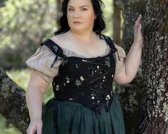 Renaissance Corset in Black Floral Wildflowers | Corset Renaissance Bodice Stays Strapless CottageCore Front Lacing Bustier Corsette