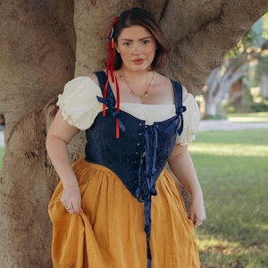colonial corset dress Premiere High Class Dark Blue Colonial Dress with Front Corset Adult Costume Rent / Medium