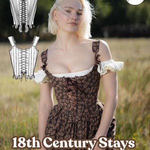 May include: A woman wearing a brown floral print dress with a corset. The image includes a diagram of a corset and the text "18th Century Stays PDF sewing pattern". The difficulty level is advanced, and the sizes range from XS to 5X.