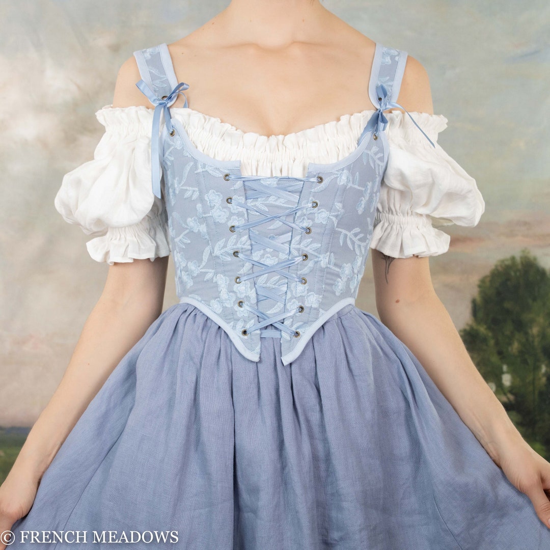 Renaissance Corset Bodice in Light Blue Embroidered Floral Cottage