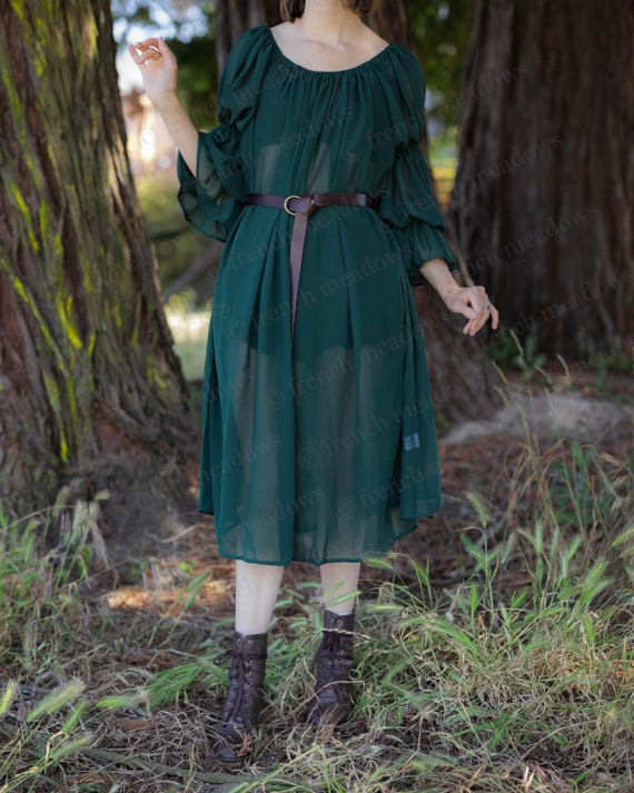 Dark Green Chiffon Chemise | Sheer Renaissance Faire Dress S
