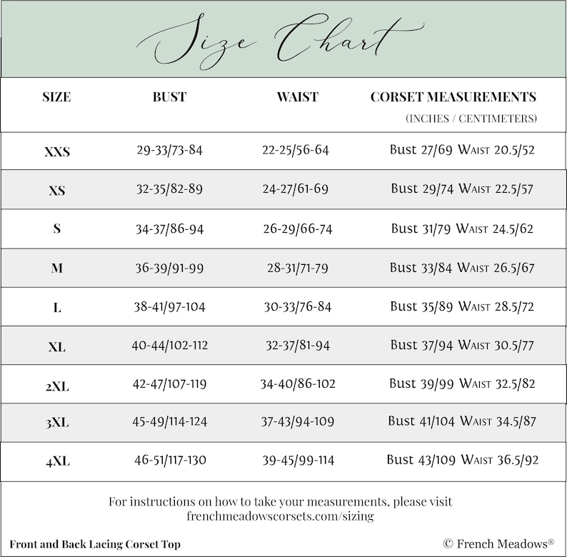 Puede incluir: Tabla de tallas para un cors&eacute; con cordones delanteros y traseros, con medidas de busto, cintura y cors&eacute; en pulgadas y cent&iacute;metros. Tallas desde XXS hasta 4XL. Incluye el texto "Size Chart" y el logo de French Meadows.