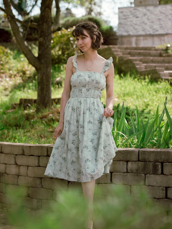 Floral Milkmaid Dress | Ivory Green Renaissance Sleeveless Ruffle Flowers Off Shoulder CottageCore Peasant Midi Cute Summer Elastic Blouson