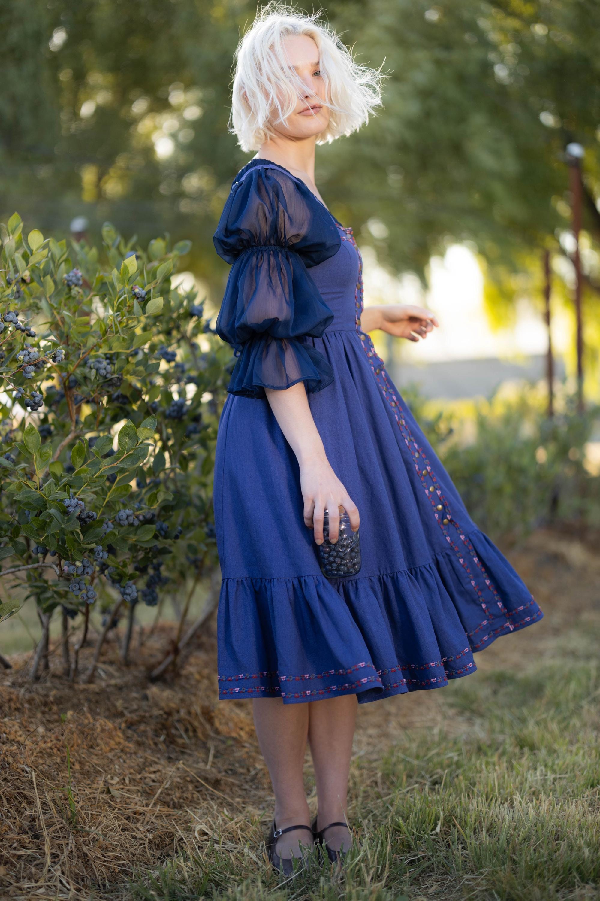 Blueberry Ribbon Corset Dress | Blue Dirndl Linen Square Neck