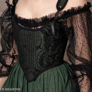 Renaissance Corset Bodice in Black and Green Brocade | Stays Corset w Straps Elizabethan Overbust CottageCore GoblinCore Medieval Corset Top