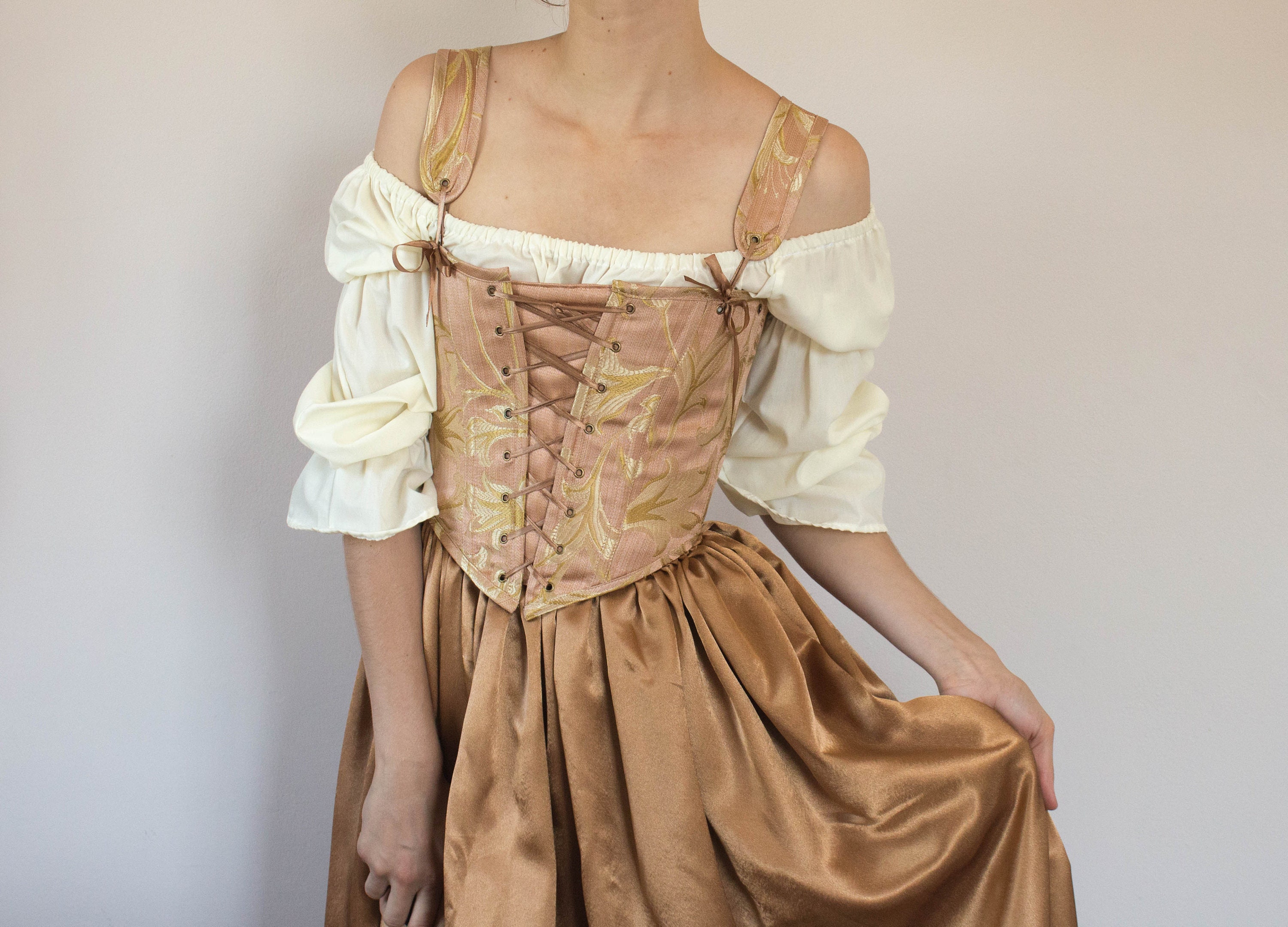 Renaissance Corset Peasant Bodice In Floral Rose Gold With Etsy