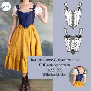 May include: A navy blue Renaissance corset bodice with a lace-up front, paired with a yellow skirt. The image includes a diagram of the corset and the text "Renaissance Corset Bodice PDF sewing pattern XXS-5X Difficulty: Medium."