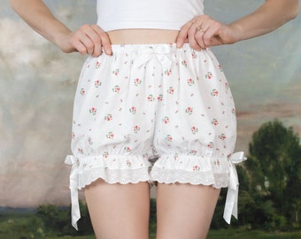 Victorian Floral Bloomers | Ditsy Rose White Ruffled Bloomers Shorts Victorian Drawers Undergarments Kawaii Adult Women's Lace Shorts Rococo