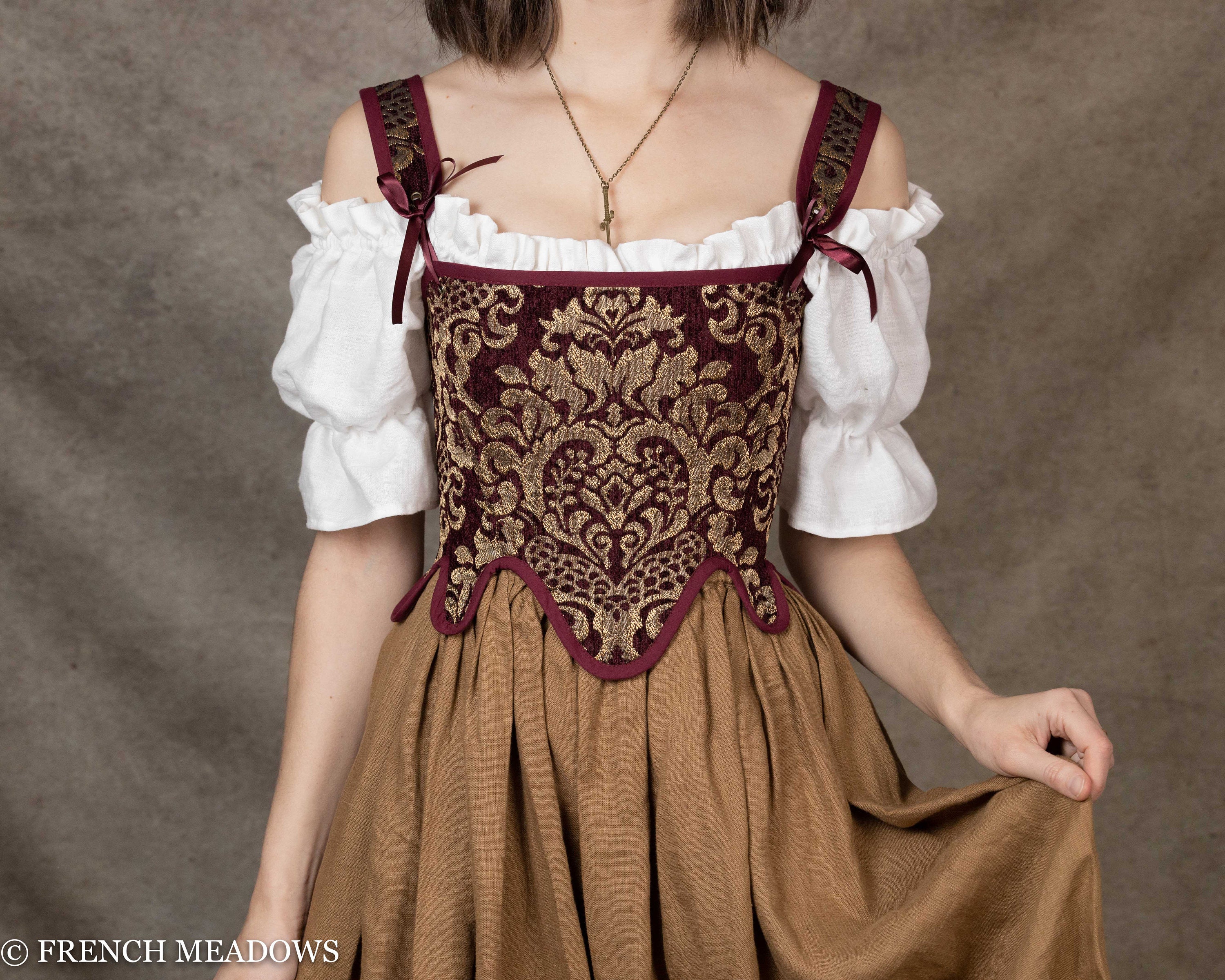 Elizabethan Tudor Renaissance Corset Stays in Burgundy Chenille Brocade  Corset Top Renaissance Costume Witch Waist Tabs Dark Red Maroon 