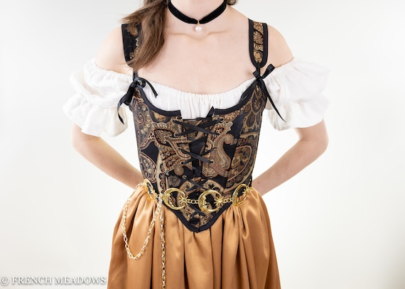 Renaissance Corset Bodice Stays in Black and Gold Paisley Jacquard
