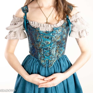 Renaissance Korsett Mieder in Teal Blau und Metallic Gold | Merida Cosplay bleibt Korsett w Straps Victorian Elizabethan Overbust Korsett Top