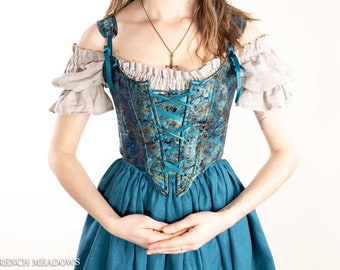 READY TO SHIP Renaissance Corset Bodice in Teal Blue and Metallic Gold | Merida Cosplay Stays Corset Straps Victorian Overbust Corset Top