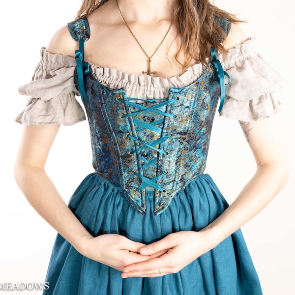 Renaissance Korsett Mieder in Teal Blau und Metallic Gold | Merida Cosplay bleibt Korsett w Straps Victorian Elizabethan Overbust Korsett Top