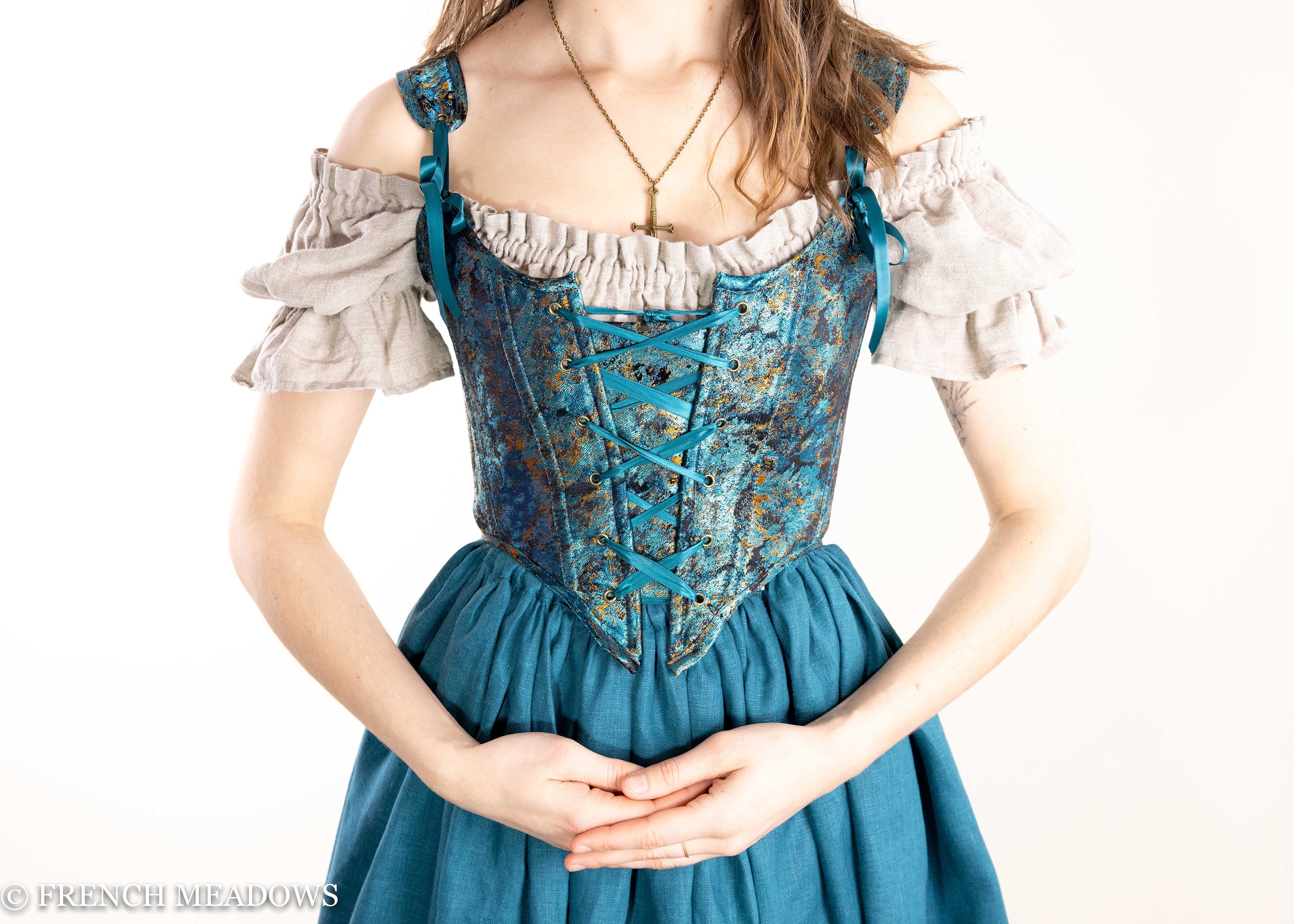 Renaissance Corset Bodice in Teal Blue and Metallic Gold Merida