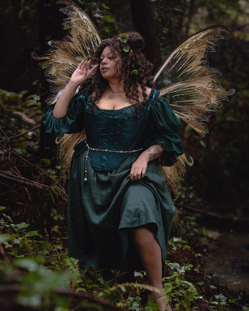 Dark Green Floral Jacquard 18th Century Stays | Renaissance Corset with Ruffle Tabs image 12