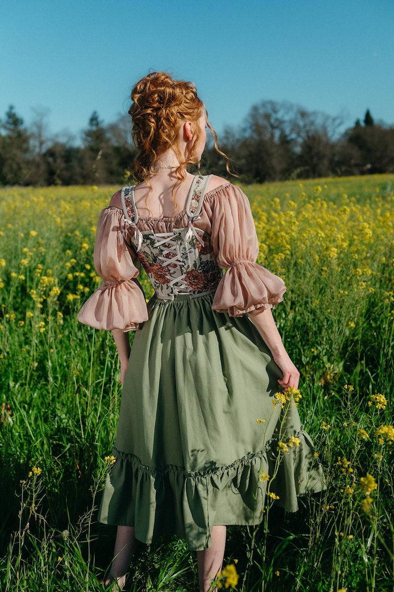 Sage Linen Midi Skirt: Ruffle Hem, Cottagecore Renaissance Costume image 3