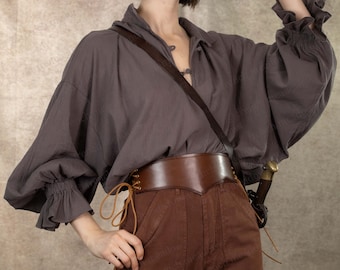 Dark Taupe Pirate Shirt | Grey Brown Unisex Cotton Astarion Cosplay Women Mens Renaissance Blouse Jamie Fraser Costume Plus Size DnD Vampire
