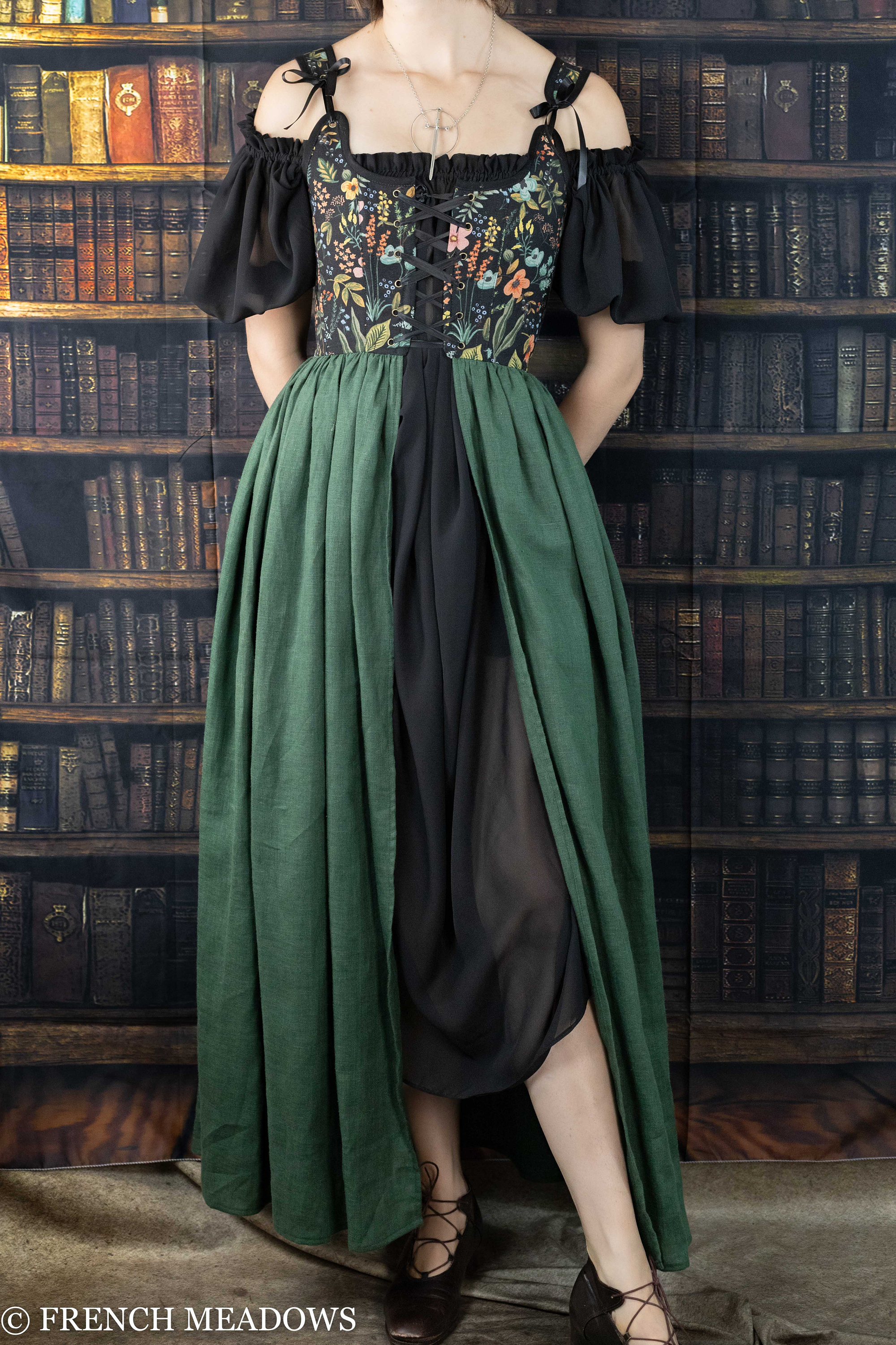 Handmade XS Renaissance Corset Dress: Black Botanical Cotton & Green Linen Handmade XS Renaissance Corset Dress: Black Botanical Cotton & Green Linen