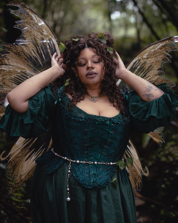 Dark Green Floral Jacquard 18th Century Stays | Renaissance Corset with Ruffle Tabs