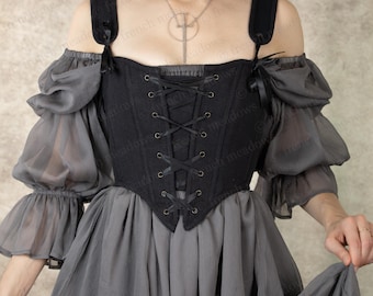 Black Cotton Corset | Renaissance Corset Bodice Stays Vintage Strapless Costume CottageCore Soft Corset Front Lacing Bustier Corsette