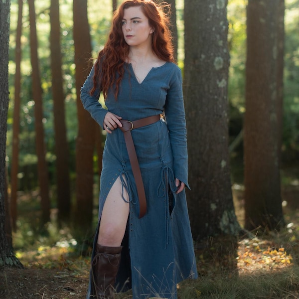 Teal Viking Kirtle Dress | Renaissance Faire Medieval Costume Merida Blue V Neck Slit Elf Elven Adjustable Plus Size Long Sleeve Rustic