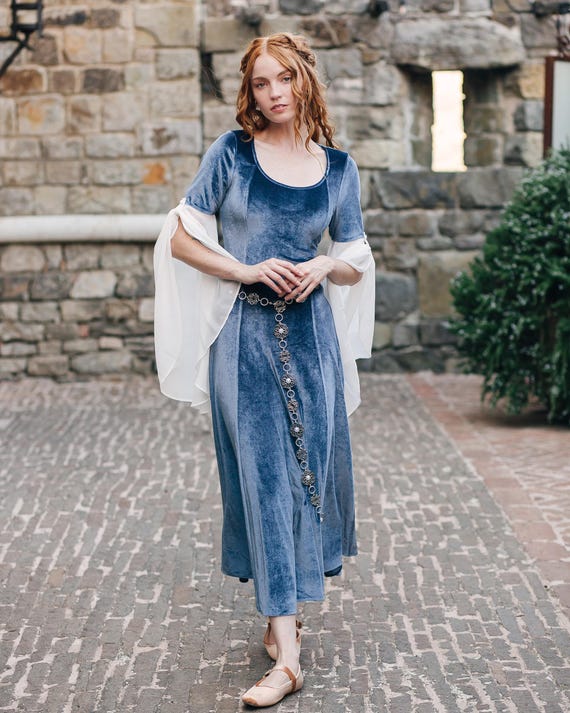 Elven Blue Velvet Bell Sleeve Chemise | Renaissance Faire Costume Dress