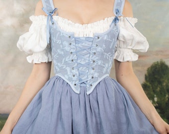 Handmade Renaissance Corset Bodice in Light Blue Embroidered Floral | CottageCore Stays Alice Marie Antoinette Elizabethan Corset Top