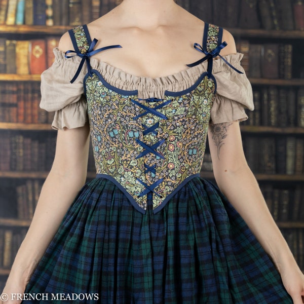 William Morris Renaissance Korsett Mieder in Blackthorn | Blaues Blumen Korsett Top CottageCore Bustier Hobbit Aufenthalte Überbrust Renaissance Kleid