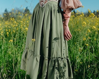 Sage Linen Midi Skirt: Ruffle Hem, Cottagecore Renaissance Costume