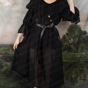 Black Chiffon Long Sleeve Chemise with flowing sleeves and gathered shoulders, belted at waist against pastoral backdrop