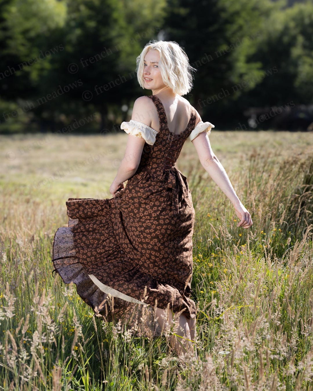 Brown Ditsy Floral Cotton Skirt: Renaissance Cottagecore Midi With Pockets