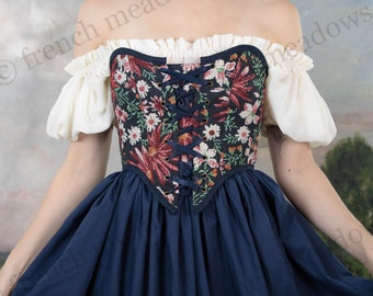 Dark Blue Floral Tapestry Corset Top | Renaissance Corset Bodice Stays Vintage Strapless Costume CottageCore Front Lacing Bustier Corsette