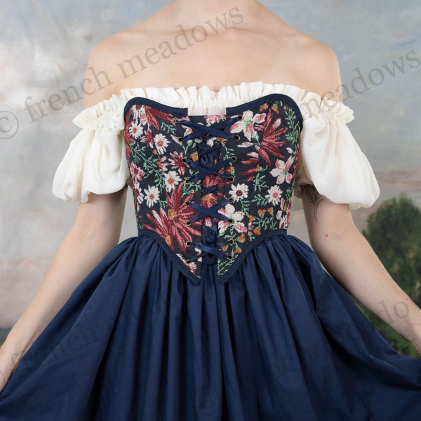 Dark Blue Floral Tapestry Corset Top | Renaissance Corset Bodice Stays Vintage Strapless Costume CottageCore Front Lacing Bustier Corsette