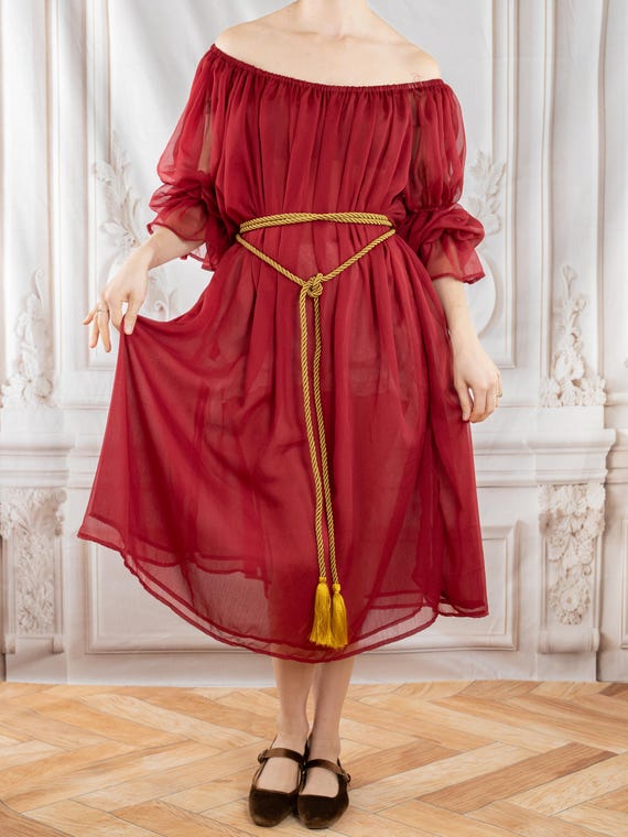 red chiffon dress Scarlet Ruffle Off-Shoulder Chiffon Dress