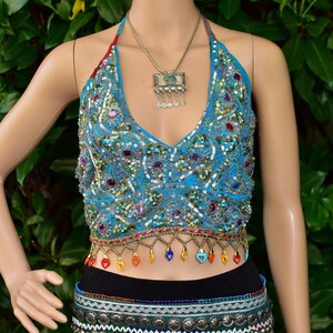 Rainbow Silk Party Top • Boho Sequinned Halter Top • Hippy Festival Top