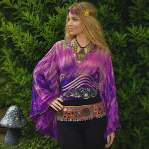 Purple Tie Dye Silk Wrap Top • Bohemian Hippie Blouse • Bell Sleeve Hippie Top • Festival Outfit • Bohemian Clothing