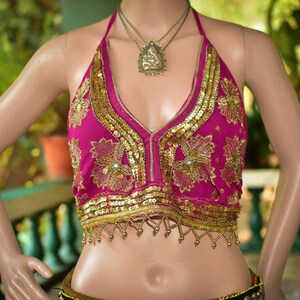 Pink and Gold Boho Sequinned Chiffon Party Top • Boho Sequinned Halter Top • Hippy Festival Top