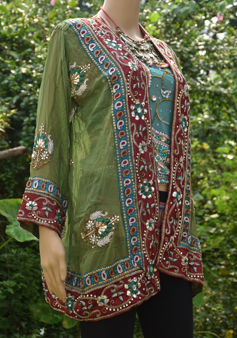 Vintage Kimono One of a Kind Festival Jacket Beach Cover Up Tunic Vintage Chiffon Kimono Sari Jacket Festival Kimono