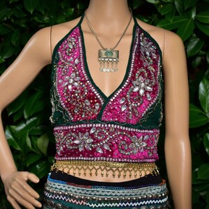 Pink and Green Party Top • Boho Sequinned Halter Top • Hippy Festival Top