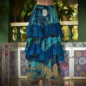 Patchwork Sari Skirt • Tiered Boho Festival Style 26"-46" Waist Adjustable