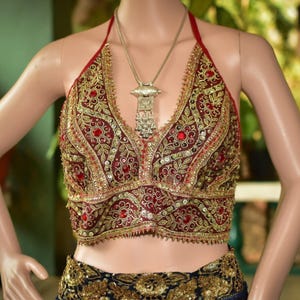 Red and Gold Boho Sequinned Chiffon Party Top • Boho Sequinned Halter Top • Hippy Festival Top